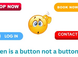 Website buttons, Shop Now, Book Now, Log In, Contact Us, are positioned around a cartoon of a confused face, scratching its head. Text below reads When is a button not a button???