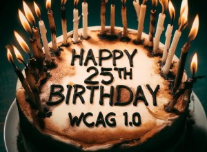 A birthday cake with the words Happy 25th Birthday WCAG 1.0. The cake has candles that are burnt down, bent and broken