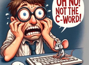 A cartoon character of a man with a horrified expression, his hands up by his cheeks, with wide eyes and an open mouth to emphasize his shock. To the side, there\'s a mischievous-looking cartoon mouse standing on a computer keyboard. Below them, in a comical font, it says: Oh no! Not the c-word!