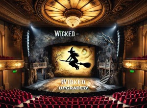 Interior of a grand theatre, focusing on the stage where a musical is in full swing. The theatre features plush red seats and an ornate proscenium arch framing the stage. On stage, a witch dressed in black is dynamically flying across on a broomstick. The backdrop of the set includes an enchanted forest, illuminated by dramatic stage lighting that casts expressive shadows. Across the image are the words Wicked - Upgraded!