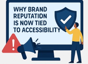Illustration of a person pointing to a shield with a checkmark on a large computer screen. A red warning triangle and blue megaphone are beside the monitor. Text on the screen reads: Accessible Web Design Is Brand Protection.