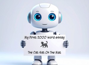 A cute AI robot holding a sign with the text “My first 2000 word essay” and “The Cat Sat On The Mat” beneath a cartoon cat, illustrating the limits of automation compared to real accessibility expertise, wcag 2.2 and accessibility coding.