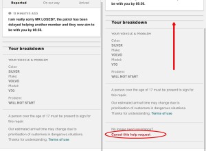 2 screenshots of the AA breakdown mobile website, containing the details of the car breakdown. The right-hand one was taken when the screen was pulled up, showing the extra text “No longer need assistance?” and the following link, in red: “Cancel this help request”.