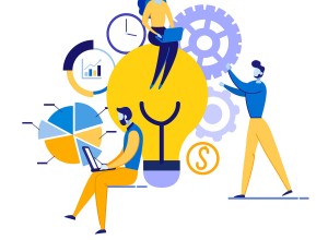 A creative illustration shows three people interacting with elements symbolizing ideas and teamwork. One person sits on a large yellow light bulb with a laptop, another works on charts and graphs, and a third manipulates gears. Icons of clock, pie chart, and dollar sign in the background.