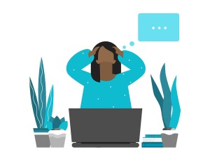 Illustration of a person sitting at a desk with a laptop, holding their head in frustration. Three plants and a stack of books are on the desk. A floating thought bubble with ellipsis suggests the person is overwhelmed or deep in thought.