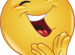 A joyful, laughing emoji with closed eyes and a wide open mouth. The yellow face has raised eyebrows, visible upper teeth, and a big smile. Hands are placed together near the chin, adding to the expression of happiness and amusement.