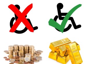 Two international disability symbols, one with a red x above a pile of coins, the other with a green tick above a stack of gold bars