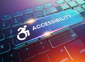 A computer keyboard with a glowing ACCESSIBILITY key. The key features an accessibility icon of a person in a wheelchair. The background is a blend of blue, purple, and pink hues, creating a modern and vibrant look.