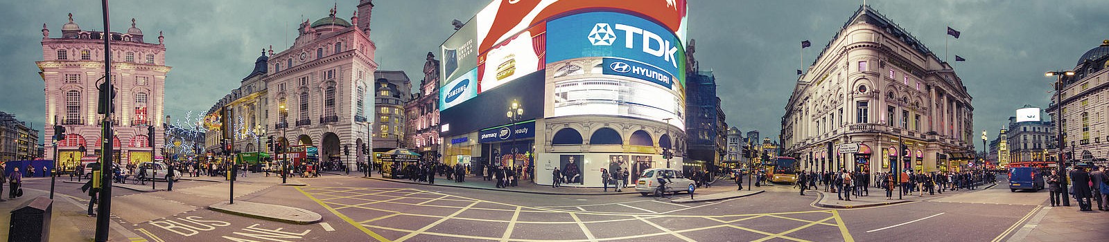 Piccadilly Circus at night with its famous neon signs