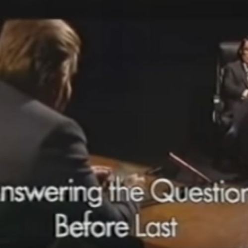 The 2 Ronnies in their famous Mastermind parody sketch, Answering the Question Before Last. One Ronnie is asking the questions, the other is sitting in the famous black leather chair.