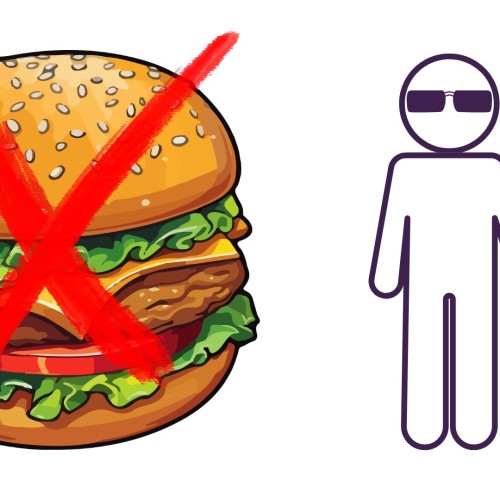 A hamburger with a big red x on top of it. Next to it is a line drawing of a blind person with dark glasses and a walking stick.