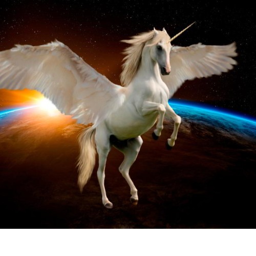 A beautiful unicorn with its wings outstretched is flying in space. The earth is in the background and the sunlight is creeping over the top.