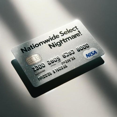 A silver credit card lying flat on a plain surface, The numbers are flat, and blend into the background, making them very difficult to read. Sunlight streams in from a nearby window, creating a strong natural lighting effect with extremely bright highlights and soft shadows on the card and surface. The words Nationwide Select Nightmare! are printed on the card.