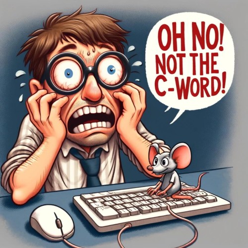 A cartoon character of a man with a horrified expression, his hands up by his cheeks, with wide eyes and an open mouth to emphasize his shock. To the side, there's a mischievous-looking cartoon mouse standing on a computer keyboard. Below them, in a comical font, it says: Oh no! Not the c-word!