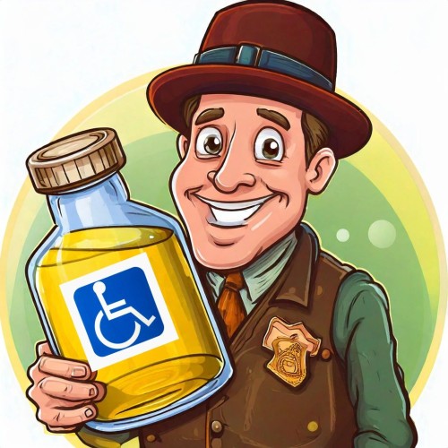 cartoon of a snake oil salesman from the 1890s. He is wearing a hat, flashing a cheesy grin and holding a bottle full of a yellow liquid. The label is a logo of a person in a wheelchair, a recognised symbol representing disability.