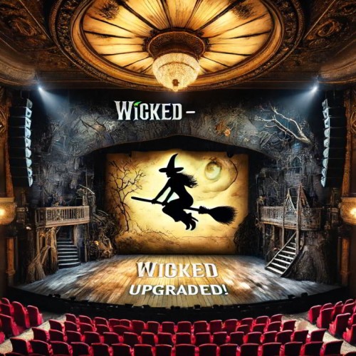 Interior of a grand theatre, focusing on the stage where a musical is in full swing. The theatre features plush red seats and an ornate proscenium arch framing the stage. On stage, a witch dressed in black is dynamically flying across on a broomstick. The backdrop of the set includes an enchanted forest, illuminated by dramatic stage lighting that casts expressive shadows. Across the image are the words Wicked - Upgraded!