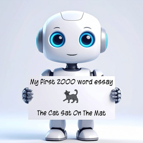 A cute AI robot holding a sign with the text “My first 2000 word essay” and “The Cat Sat On The Mat” beneath a cartoon cat, illustrating the limits of automation compared to real accessibility expertise, wcag 2.2 and accessibility coding.