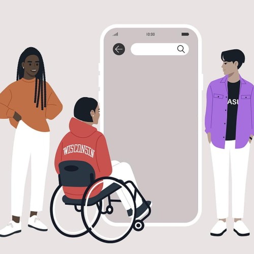 A diverse group of young adults showcases their connection with technology, highlighting inclusivity and accessibility as they gather around a large mobile phone with a search bar 