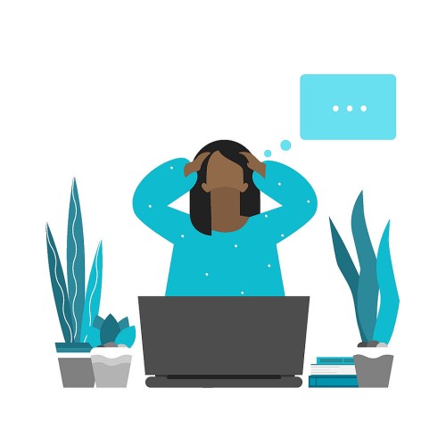 Illustration of a person sitting at a desk with a laptop, holding their head in frustration. Three plants and a stack of books are on the desk. A floating thought bubble with ellipsis suggests the person is overwhelmed or deep in thought.