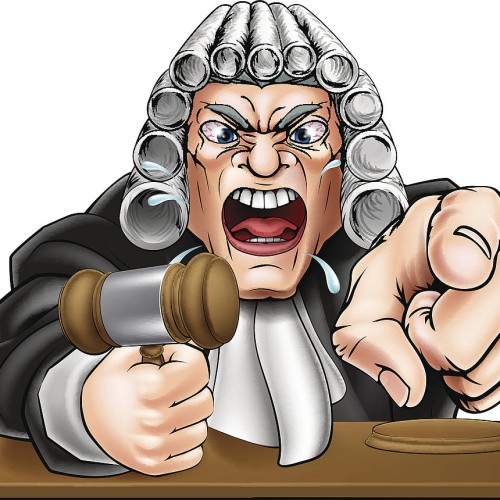 Illustration of an angry judge in a traditional white wig, pointing and holding a gavel. The judge\'s expression is exaggerated, with bulging eyes and clenched teeth, conveying intense emotion. There is a wooden bench in the foreground.
