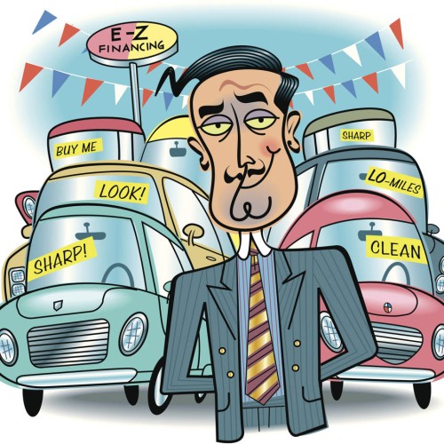 Cartoon of a smirking car salesman in a suit standing in front of a row of colorful cars with signs like LOOK!, BUY ME!, SHARP!, LO-MILES, and CLEAN. An E-Z Financing sign is overhead with festive flags.