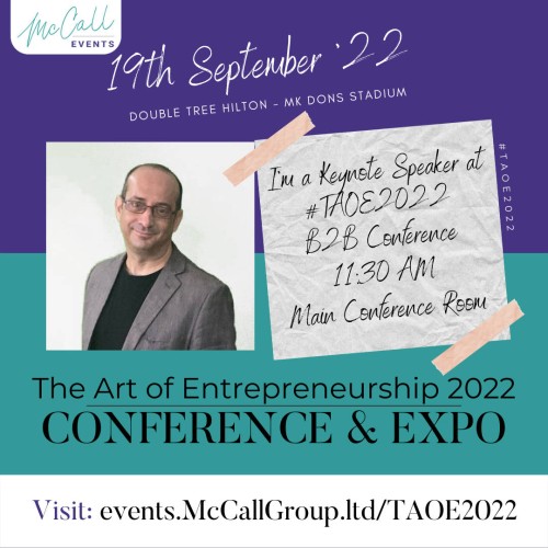 Promotional image for The Art of Entrepreneurship 2022 Conference & Expo\ on September 19, \'22, with a keynote speaker at TAOE2022 B2B Conference, 11:30 AM in the main conference room