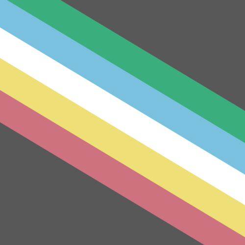 A flag with five diagonal stripes on a gray background: a light blue stripe on the top right, followed by green, light blue, yellow, and a pink stripe at the bottom left.