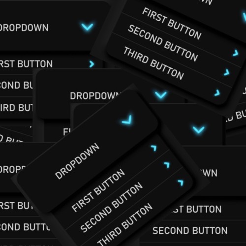 A collage of dropdown menus displaying options labeled First Button, Second Button, and Third Button. Each menu is black with white text and a blue checkmark icon beside the dropdown title.