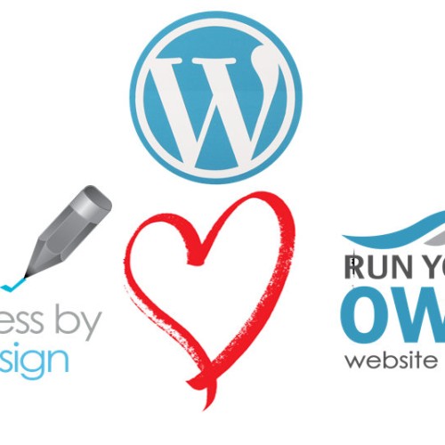 A graphic consisting of a large WordPress logo at the top, a red heart symbol in the middle, and two logos at the bottom. The left logo reads access by design with a pen icon, and the right logo reads RUN YOUR OWN website with a wave design.