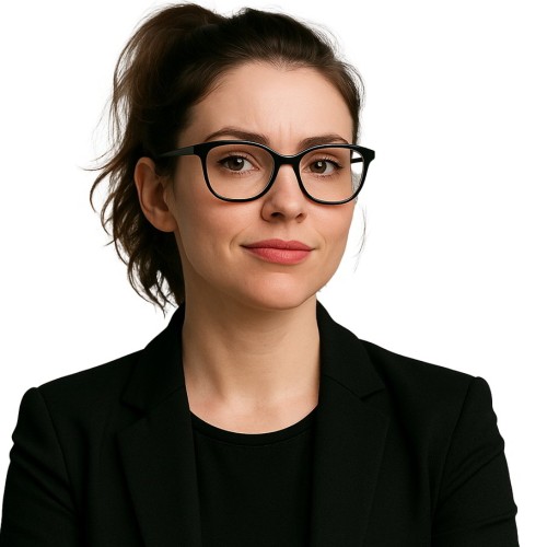 Kate has brown hair in a loose ponytail and is wearing glasses