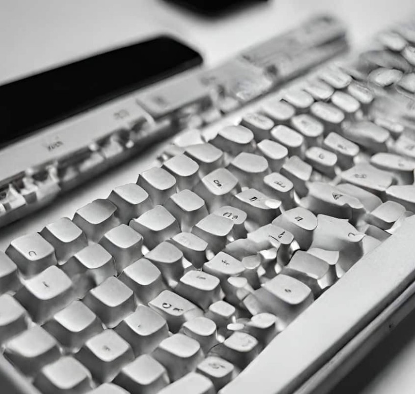 A computer keyboard looks like it has melted. The keys are wonky in places and most of the keys markings on them that do not make sense