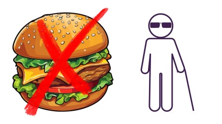 A hamburger with a big red x on top of it. Next to it is a line drawing of a blind person with dark glasses and a walking stick.