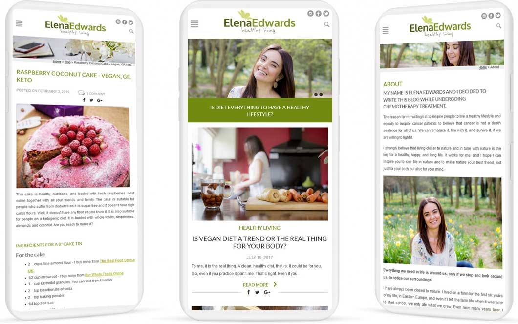 3 mobile images taken from the Elena Edwards website