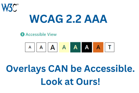 WC3 icon. WCAG 2.2 AAA Access by Design Accessible View Tool Bar. It is open, showing a row of buttons that allow users to choose different text sizes, colours and without styling.