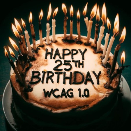 A birthday cake with the words Happy 25th Birthday WCAG 1.0. The cake has candles that are burnt down, bent and broken