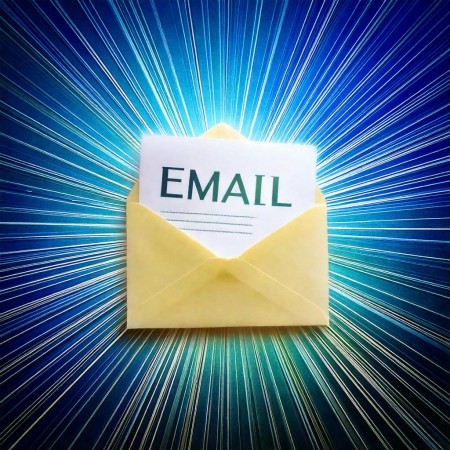 a plain text email on a piece of paper in an envelope, shown at an angle. rays of light come out from the centre