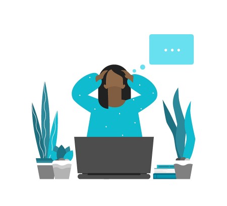 Illustration of a person sitting at a desk with a laptop, holding their head in frustration. Three plants and a stack of books are on the desk. A floating thought bubble with ellipsis suggests the person is overwhelmed or deep in thought.