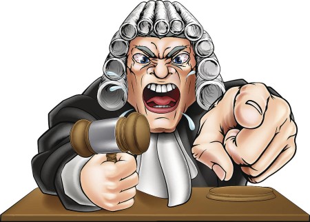 Illustration of an angry judge in a traditional white wig, pointing and holding a gavel. The judge\'s expression is exaggerated, with bulging eyes and clenched teeth, conveying intense emotion. There is a wooden bench in the foreground.