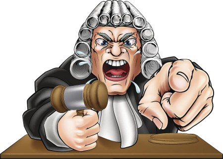 Illustration of an angry judge in a traditional white wig, pointing and holding a gavel. The judge's expression is exaggerated, with bulging eyes and clenched teeth, conveying intense emotion. There is a wooden bench in the foreground.