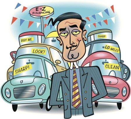 Cartoon of a smirking car salesman in a suit standing in front of a row of colorful cars with signs like LOOK!, BUY ME!, SHARP!, LO-MILES, and CLEAN. An E-Z Financing sign is overhead with festive flags.