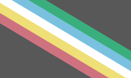 A flag with five diagonal stripes on a gray background: a light blue stripe on the top right, followed by green, light blue, yellow, and a pink stripe at the bottom left.