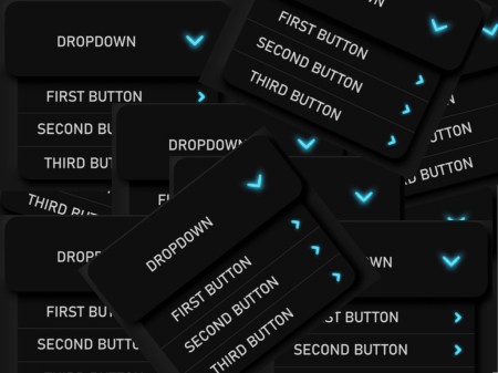 A collage of dropdown menus displaying options labeled First Button, Second Button, and Third Button. Each menu is black with white text and a blue checkmark icon beside the dropdown title.