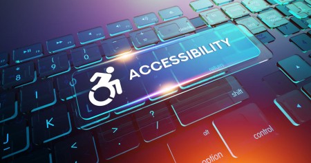A computer keyboard with a glowing \ACCESSIBILITY\ key. The key features an accessibility icon of a person in a wheelchair. The background is a blend of blue, purple, and pink hues, creating a modern and vibrant look.