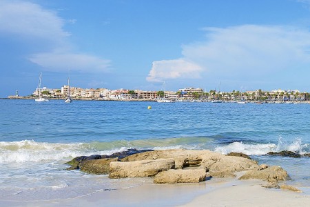 View of the city and bay with yachts.