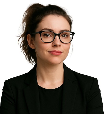 Kate has brown hair in a loose ponytail and is wearing glasses