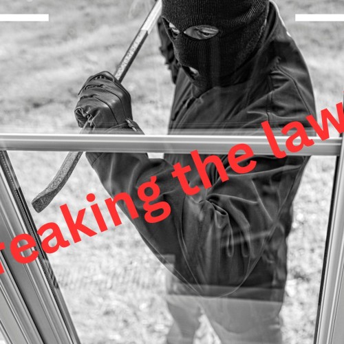 A man wearing a balaclava is trying to break into a house using a crowbar. Text reads 