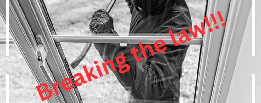 A man wearing a balaclava is trying to break into a house using a crowbar. Text reads 