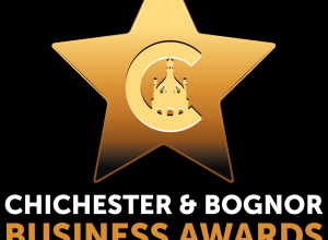 Graphic of Chichester Cross inside a large letter C, within a 5-pointed golden star. Text below reads: Chichester and Bognor Business Awards 2024.