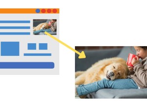 A web page containing an image of a young girl drinking from a mug. A beautiful dog is peacefully asleep on her lap. An arrow is pointing to a larger version of the same image.