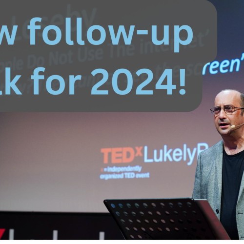Clive giving his TEDx Talk in 2022. He is standing in front of a lectern. Text reads “New follow-up talk for 2024!” 